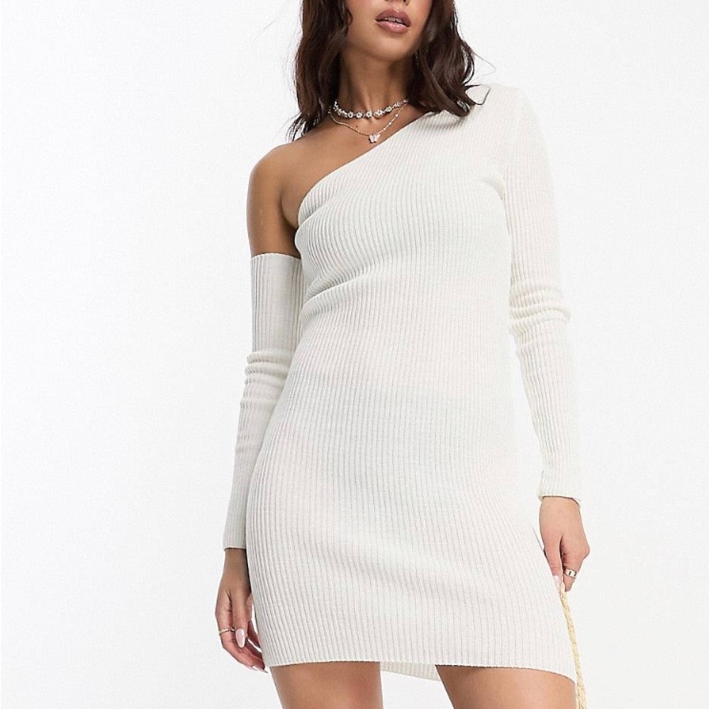 Miss Selfridge asymmetric long sleeve ribbed dress in ivory